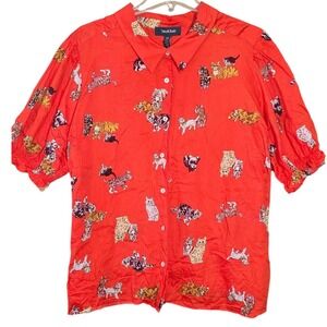 ModCloth orange Cat Print Button Up Blouse Plus Size 4X Short Puff Sleeve Cotton